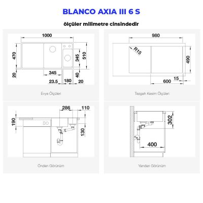 Blanco AXIA III 6 S Granit Evye, Siyah, Sağ, Cam kesme tahtalı, 100x51 cm