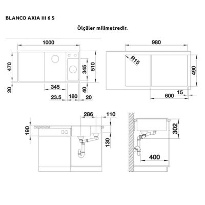 Blanco AXIA III 6S InFino Sağ Evye, CATRIS-S Armatür Alumetalik Set