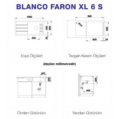 Blanco FARON XL 6 S Granit Evye, Alu Metallic, 1 Hazne, Damlalıklı