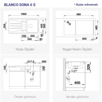 Blanco SONA 6S Granit Evye, 1,5 Hazneli, Kaya Gri renk - Thumbnail