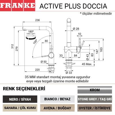 Franke Active Plus Doccia Mutfak Armatürü, Oyster, İstiridye, Spiralli başlık