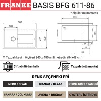 Franke BFG 611 Granit Evye, Oyster, İstiridye rengi, 86x50 cm, Tek hazne, Tezgah üstü, Damlalıklı - Thumbnail