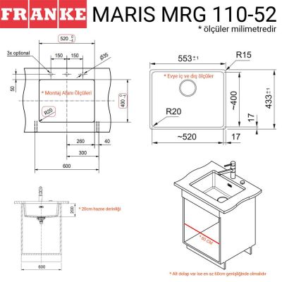 Franke MRG 110-52 Granit Evye, Matt Black, Tezgahaltı, Tek hazne, 52x40 cm