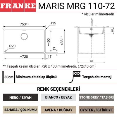 Franke MRG 110-72 Granit Evye, Bianco, Tezgahaltı, Tek hazne, 72x40 cm