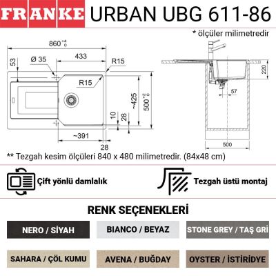 Franke Urban UBG 611-86 Granit Evye, Avena, Tezgah üstü, Tek hazne, Damlalıklı, 86x50 cm