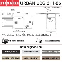 Franke Urban UBG 611-86 Granit Evye, Oyster, Tezgah üstü, Tek hazne, Damlalıklı, 86x50 cm - Thumbnail