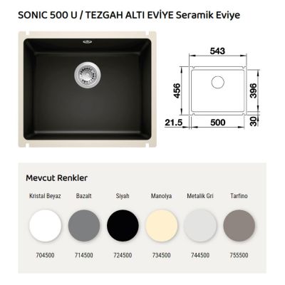 NUEVO SONIC 500 U Seramik Evye, Siyah, Tezgah altı, 50x40 cm