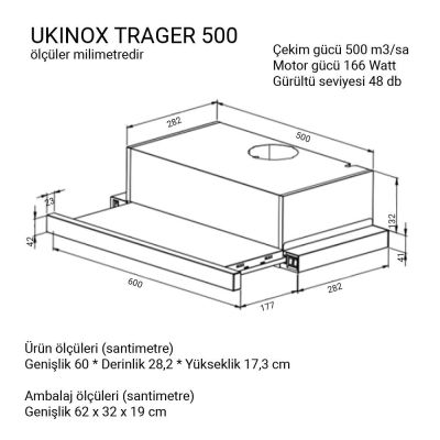 Ukinox TRAGER I 500 Sürgülü Aspiratör, Inox, 60cm, 500m3